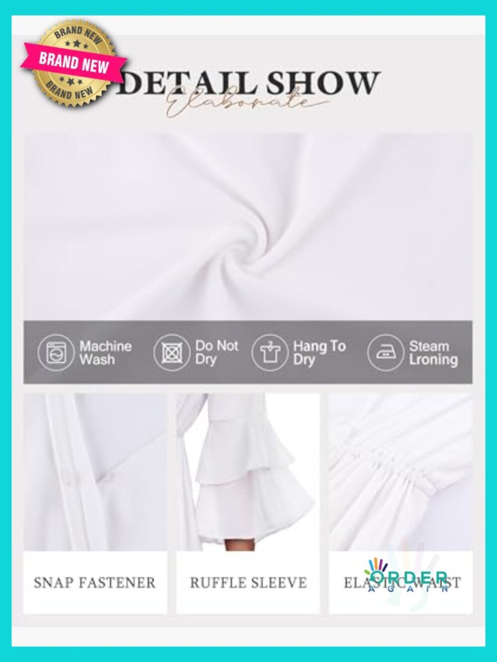3/4 Ruffle Sleeve Flowy Chiffon A-Line Dress V-Neck Wrap Midi Dress - Picture 6 of 7